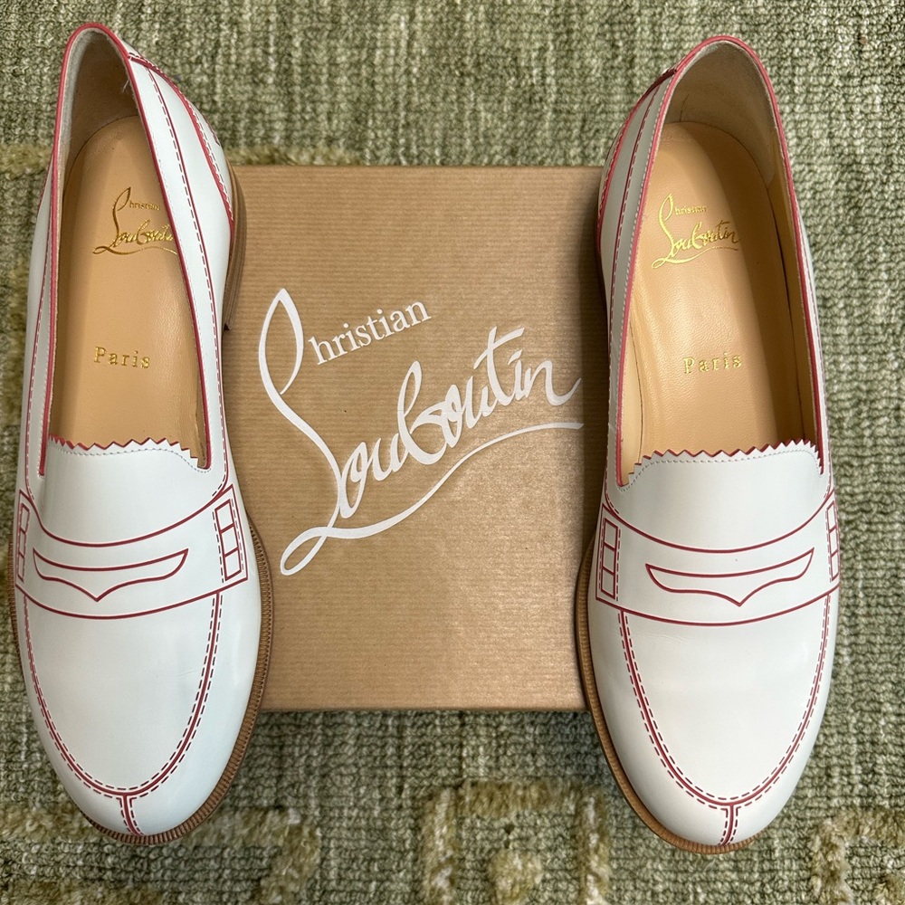 NEW Christian Louboutin White Loafers with Red Trim